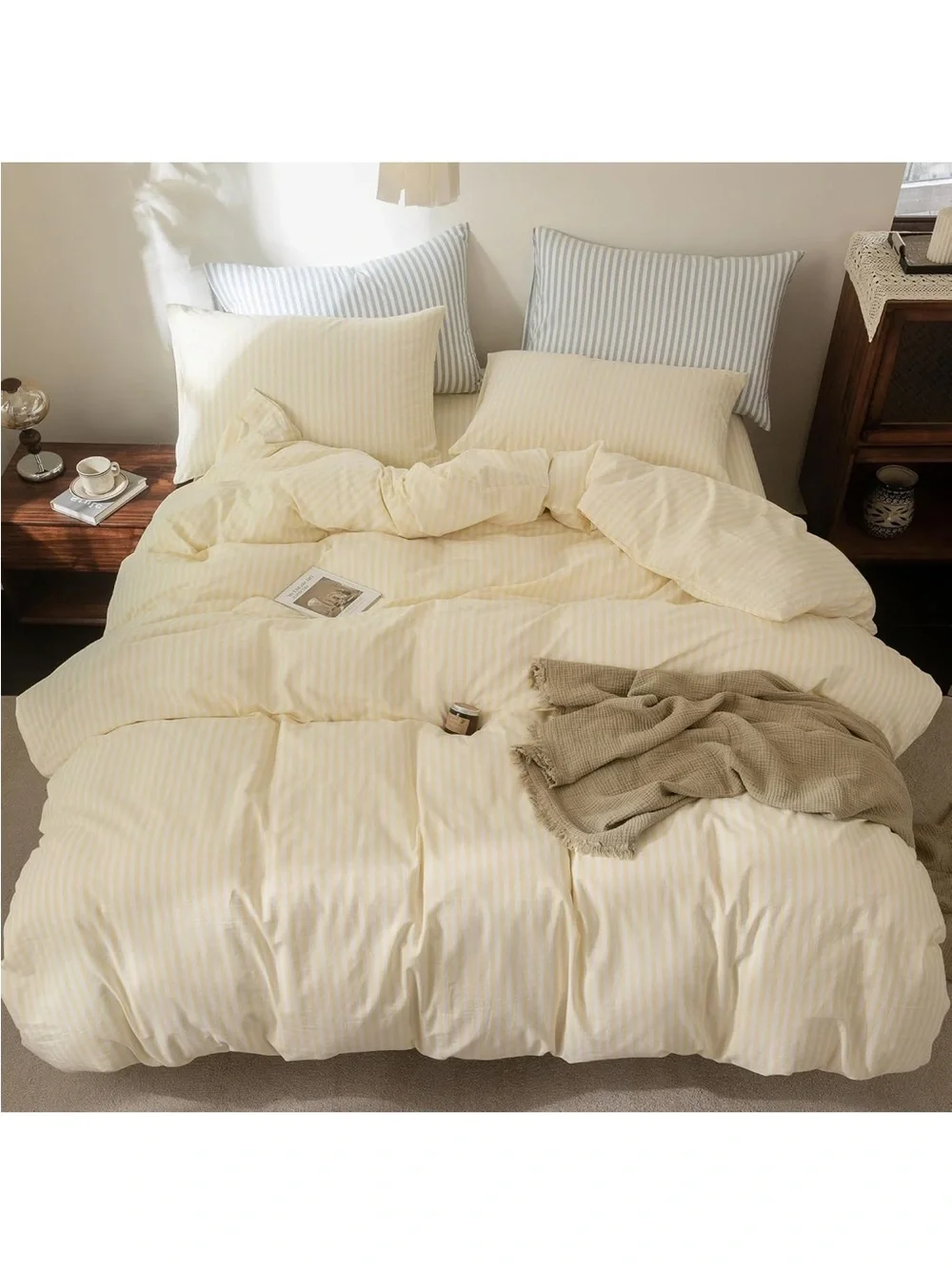 NEW FOSSA 100% Washed Cotton Striped Duvet Cover Set. Linen-Like. Pale Yellow